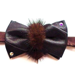 NEW Exclusive Haute Couture Bowtie! Mink Genuine Leather Austrian Crystals Silk.